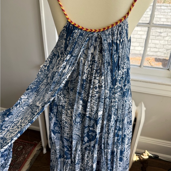 Free People Bohemian Blue Block Print Floral Tie-Shoulder Maxi Sun Dress S - Picture 4 of 12